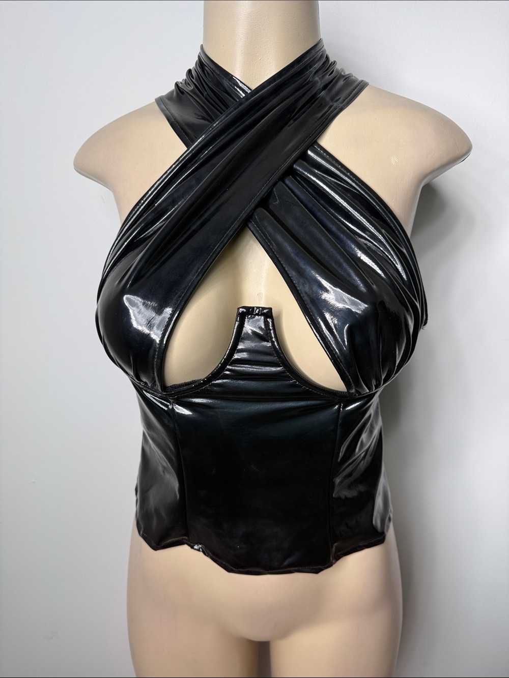 PrettyLittleThing Black Faux Leather Crisscross Halter Camisole